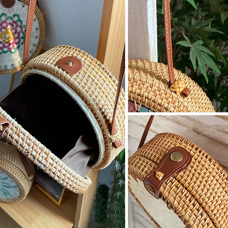 Woven Bag Women\'s Summer Rattan Messenger Bag Round Color Shell Retro Hand-woven Shoulder Bag Beach Bag