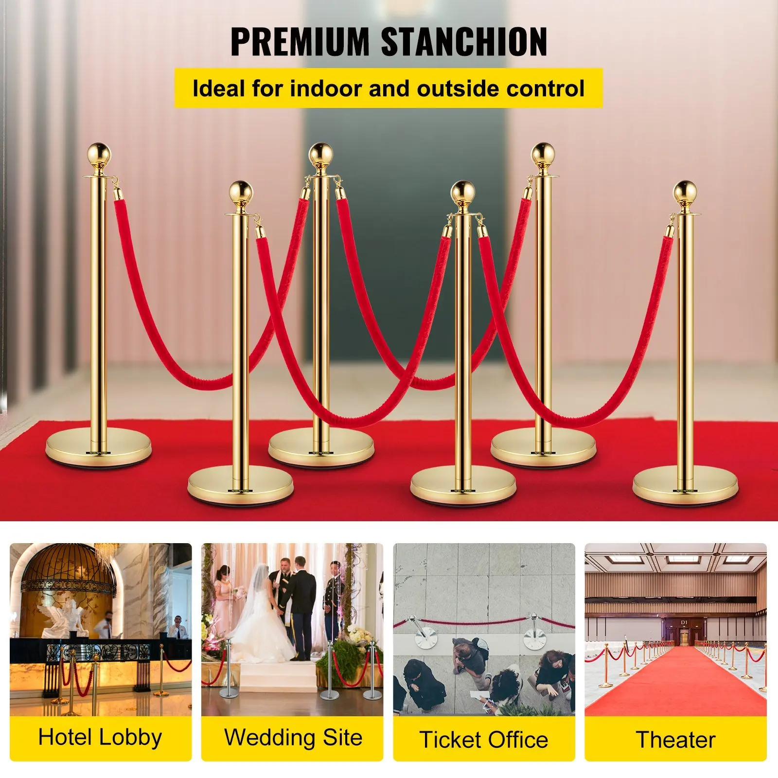 6 PCS Gold Stanchions Posts Stainless Steel Stanchion Queue Post Red Rope Retractable 38In for Both Indoor and Outdoor use