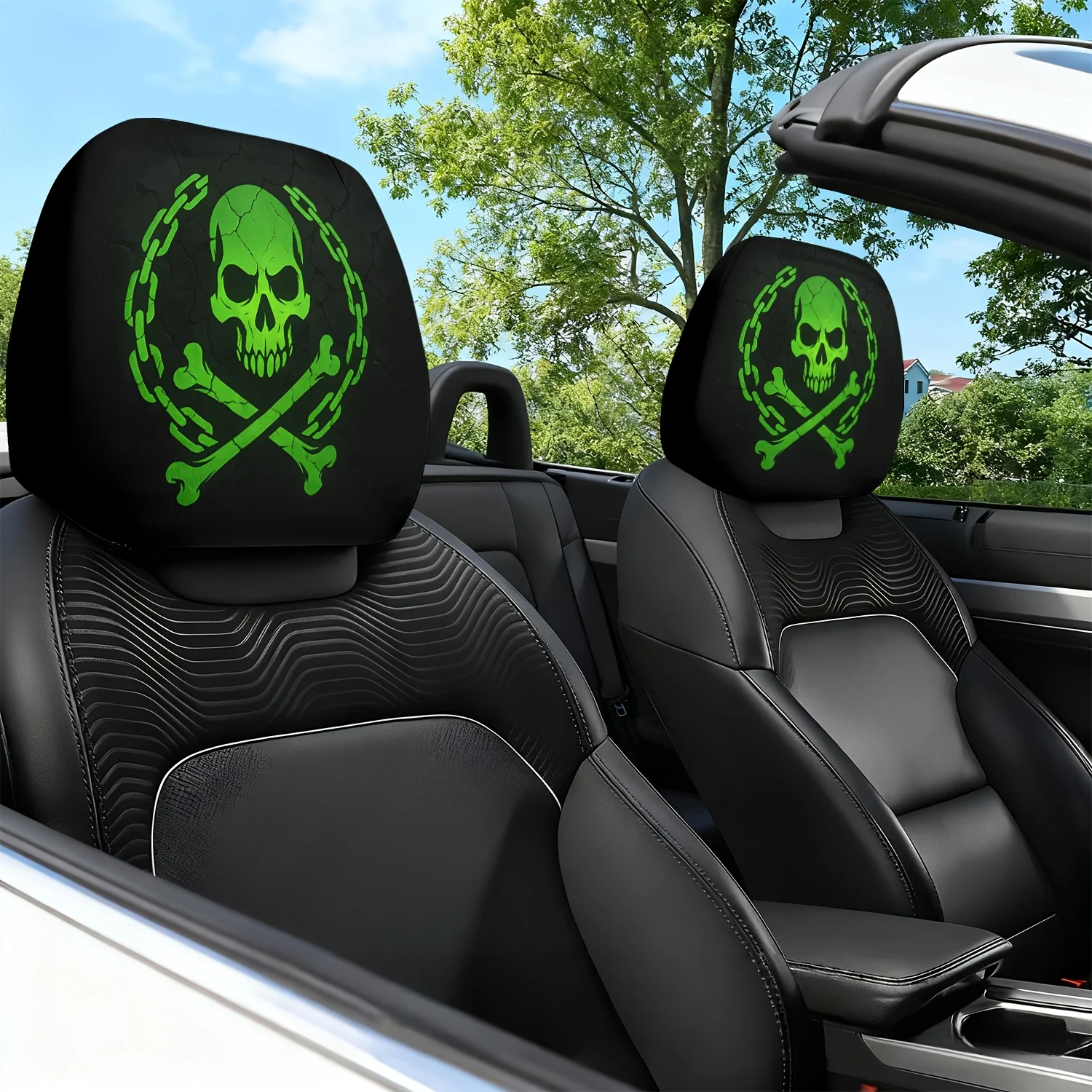 Set of 2 Green Skull Chain Ring Printed Car Headrest Covers Unfilled Stylish And Comfortable Protects Vehicle Seat Headrests
