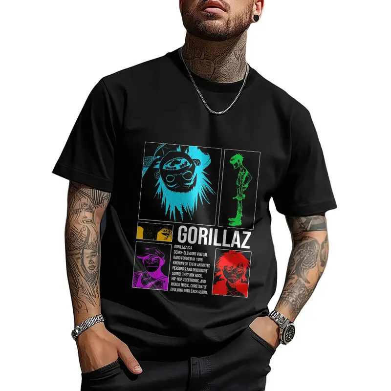 Gorillaz Virtual Rock Band Graphic T‑shirt Unisex Vintage Y2K Tee Hip Hop Streetwear 0824 Casual Cotton Tops S-6XL Fan Gift