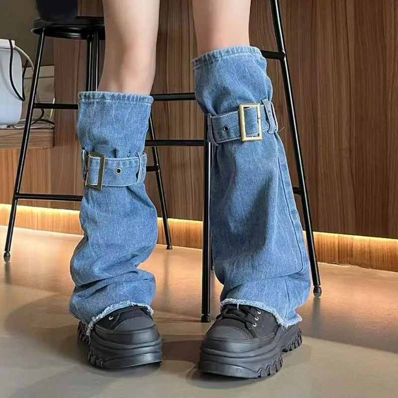 Y3NE Women Washed Denims Flared Boot Covers with Buckled Straps Harajuku Punk Grunge Distressed Jeans Leg Warmer Long Socks