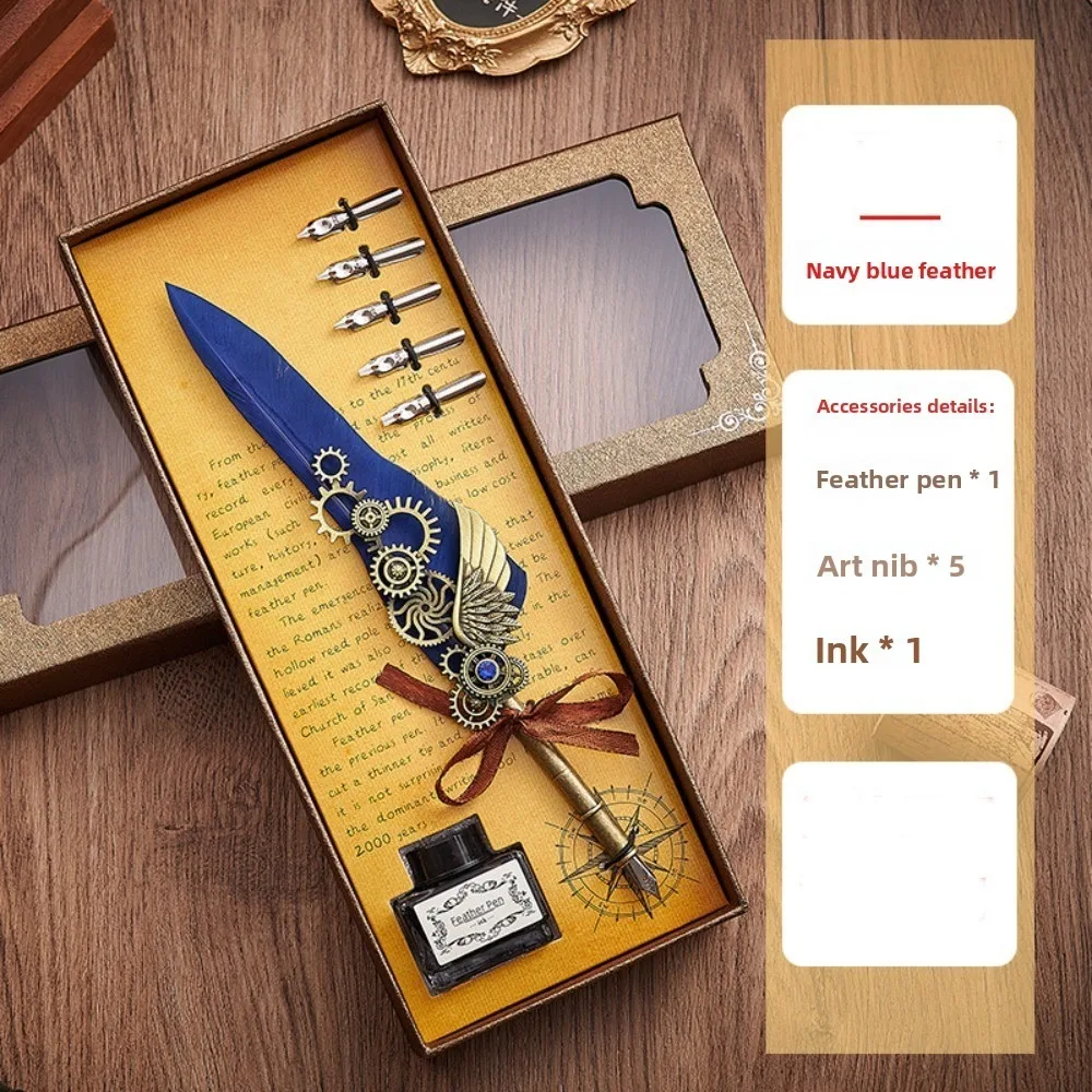

Retro Punk Dipped in Water Pen Replaceable 5 Nib Vintage Luxury Metal Signature Pen European Style Fountain Pen Feather Pen