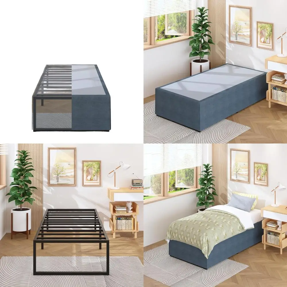 

Sturdy Metal Twin Bed Frame with Cover Skirt, No Box Spring Needed, Easy Assembly, Black & Blue