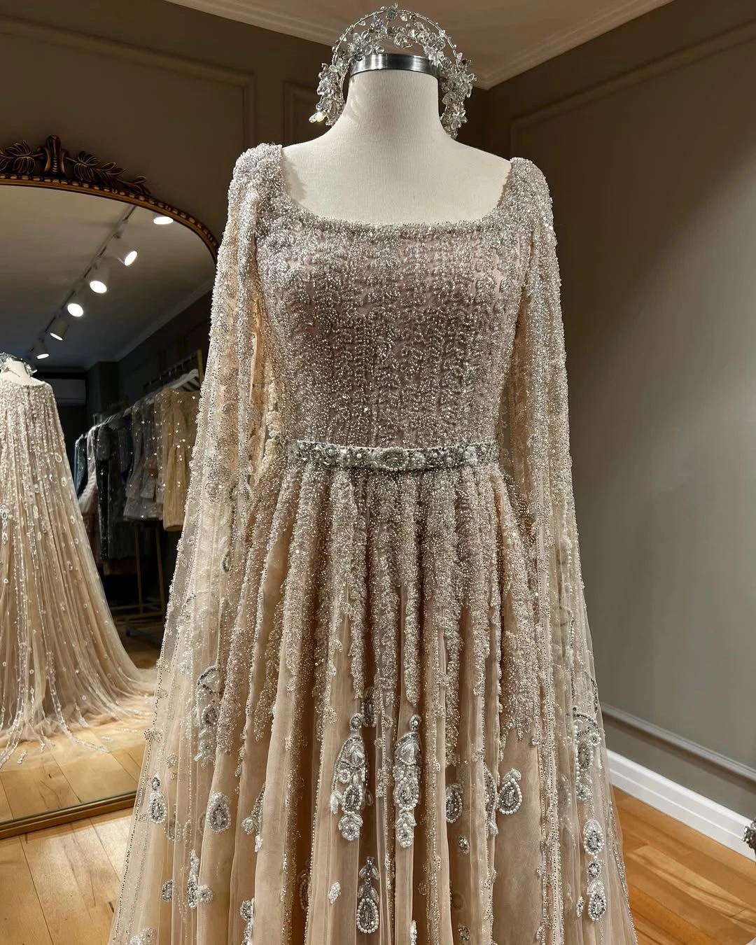 BABYONLINE Customized A-Line Cape Sleeve Crystal Fully Beaded Luxury Saudi Bridal Aric Dubai Dresses Gown for Formal Occasion