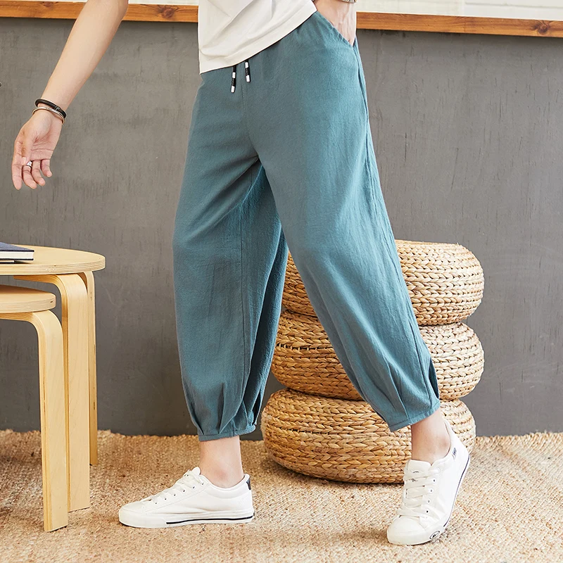 

Cotton Linen Men's Summer Ultra-Thin Ice Silk Casual Long Pants Loose Cuffed Trousers Nine-Piece Loose Fit Youthful Sle