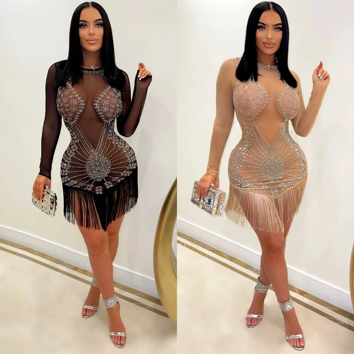 

Fashion Sexy Mesh Hot Drilling Nightclub Party Gathering Club Tassel Long Sleeve Women's Dresses