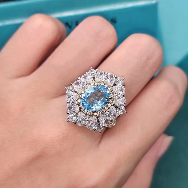 

Silver Plated Women's Sky Blue Crystal Ring 2022 Fashion Jewelry Korean Women's Wedding Engagement Ring Cocktail Ring