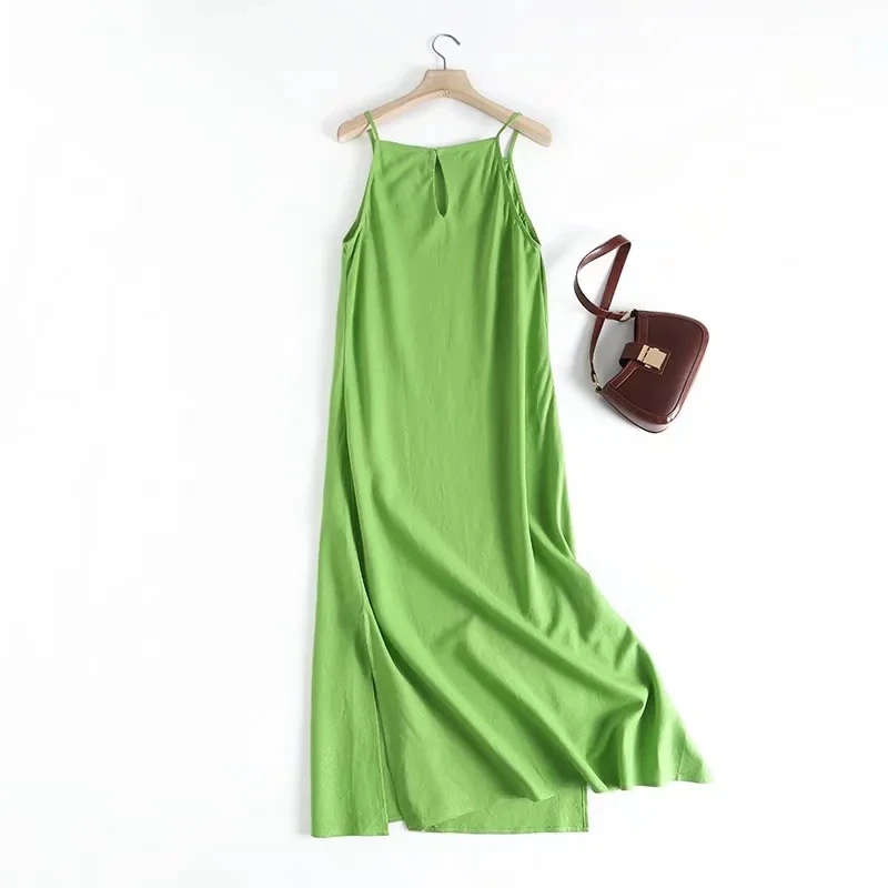 Maxdutti 2023 Summer French Style Indie Folk Green Color Cotton Linen Suspender Sexy Fashion Casual Midi Dress Women