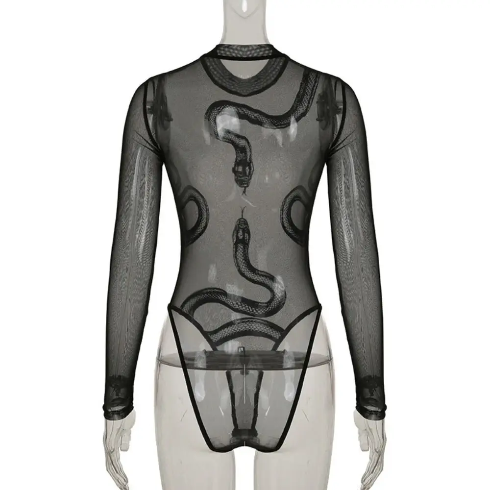 INS Snake Tuta in pizzo a maniche lunghe Intimo senza cuciture a vita alta per donna Body aderente a maniche lunghe trasparente da donna