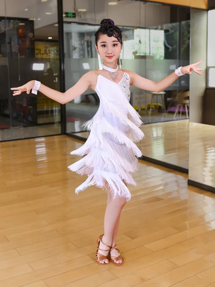 Professional Latin Dance Dress for Girls Sequin Fringe Rumba Cha Cha Ballroom Salsa Dress Children Kids Tango Practice Costumes