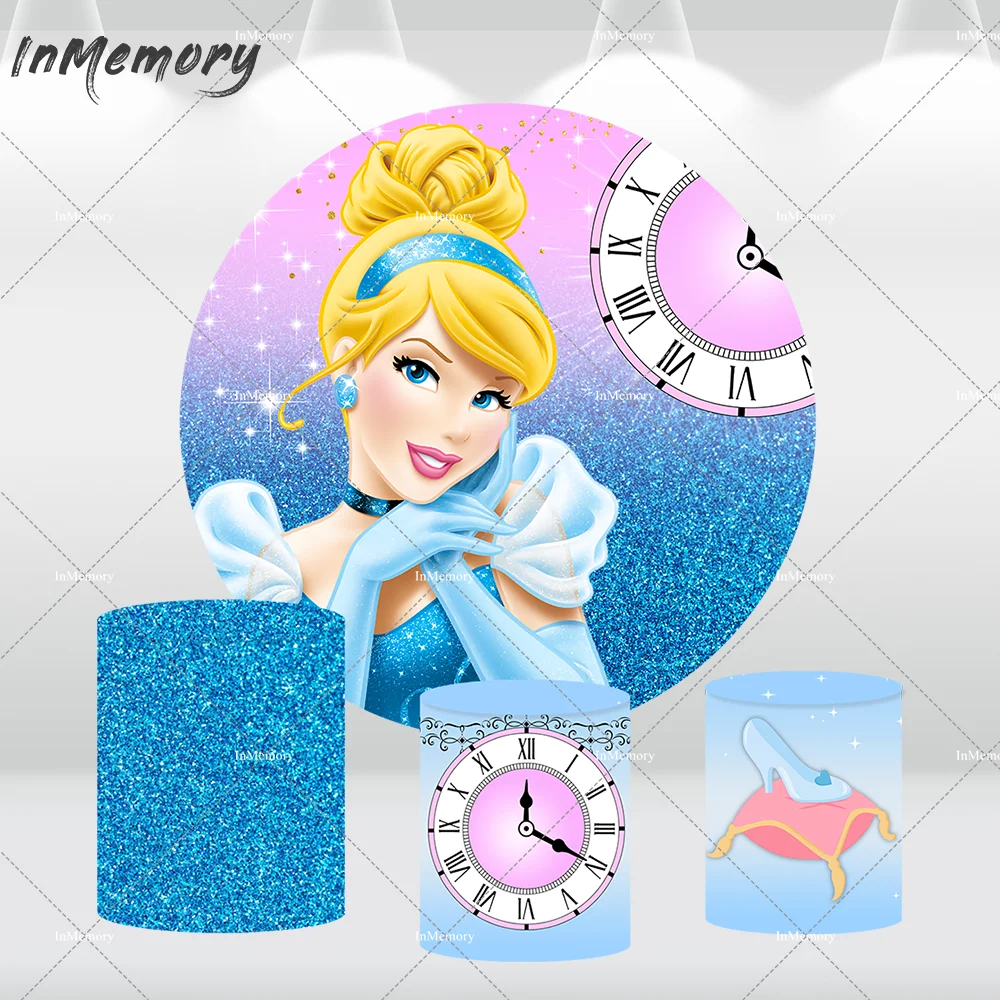 Cinderella Birthday Party Decoration Arch Backdrop for Princess Girl Background Glitter Blue Clock Cake Table Cylinder Covers