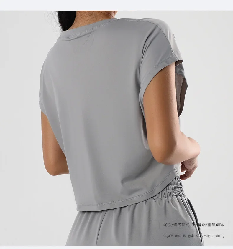 Haut de yoga à manches courtes pour femme, chemise de sport de course à séchage rapide, chemise de fitness, vêtements de sport en Y courts athlétiques, été