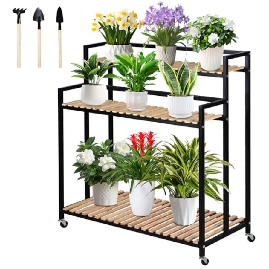 

3-Tier Plant Shelf for indoor/outdoor use in Living Spaces or Patio: Rustic Pine Wood and Iron Frame Brown Robust Easy Assembly