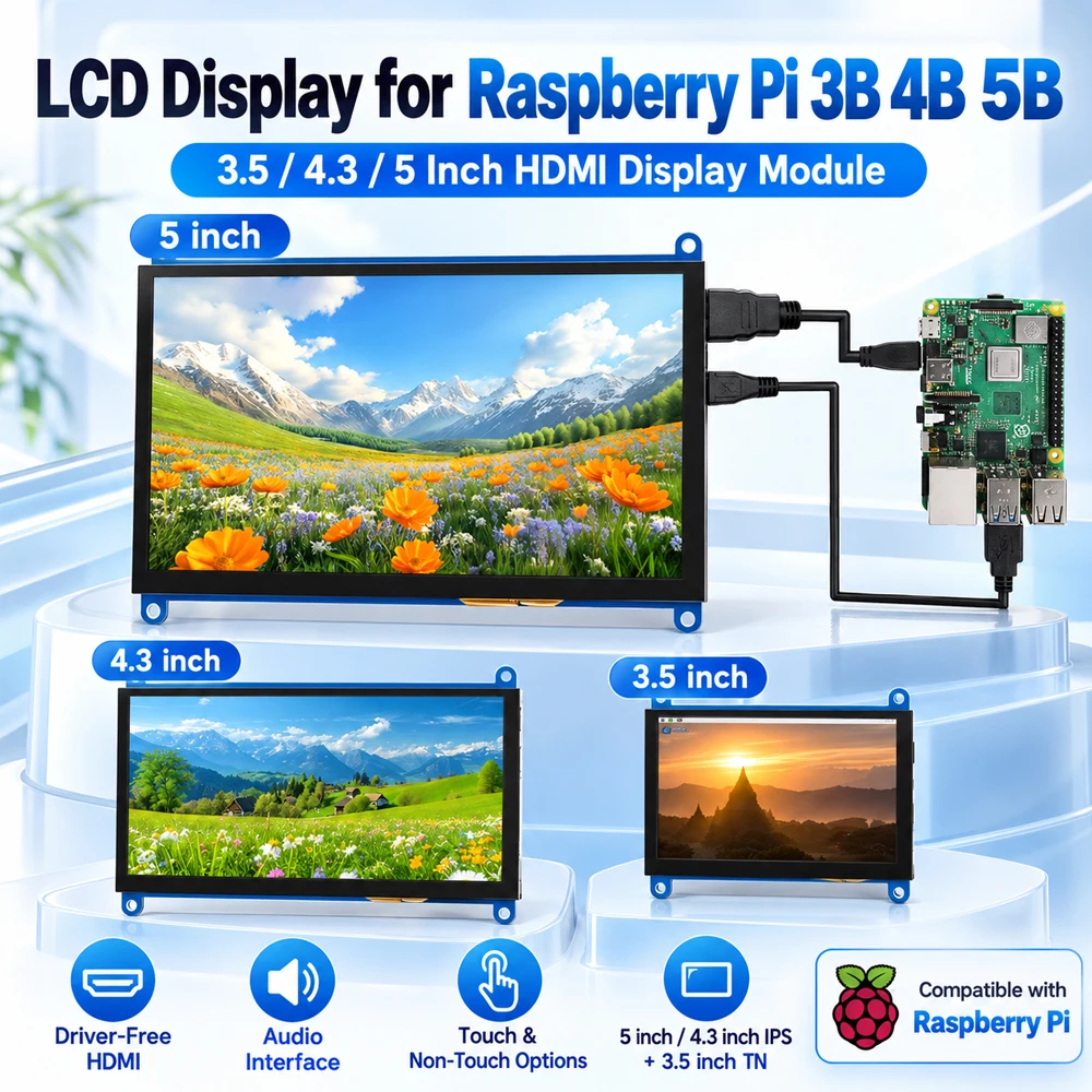 LCD-Display für Raspberry Pi 3B 4B 5B 3,5 4,3 5 Zoll HDMI-Treiberfreies IPS-HD-Anzeigemodul mit Audio-Interface