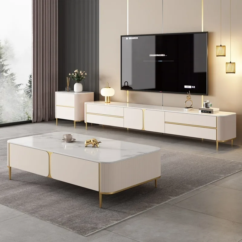 

Light luxury TV cabinet, simple modern high-end paint floor cabinet, Nordic wind rock slab coffee table TV cabinet combination