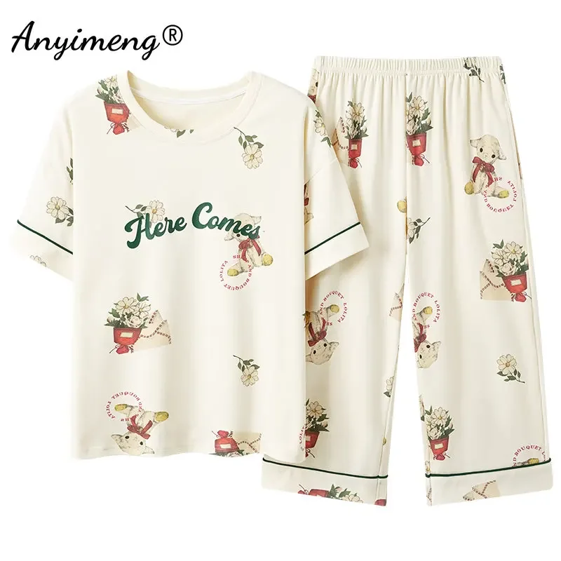 Summer Fashion Rabbit Printing 3XL Pink Sleepwear for Girls Soft Cotton Pajamas Women Pijama Short Sleeve Capri Pants Loungewear