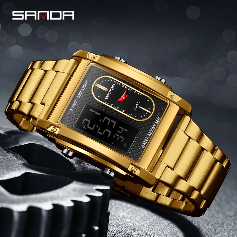 SANDA Top Brand Luxury Watches for Men Quartz Wristwatch Square Gold Double Display LED Digital Electron Clock Relogio Masculino