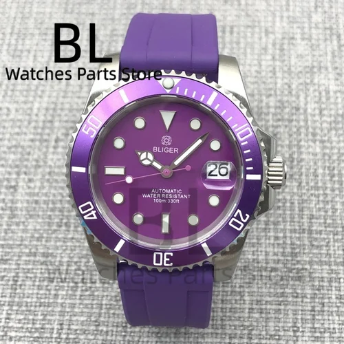 BLIGER 40mm esfera púrpura NH35A reloj de buceo automático para hombre cristal de zafiro bisel giratorio inserto púrpura correa de goma impermeable