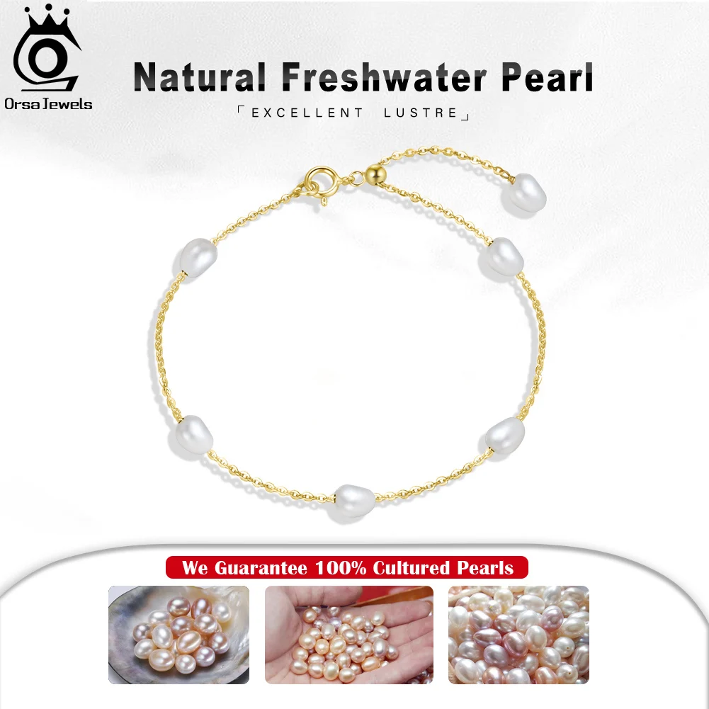 ORSA JEWELS 925 Sterling Silver Adjustable Design Bracelet with Natural Freshwater Pearl Chain 14K Gold for Women Jewelry GPB08