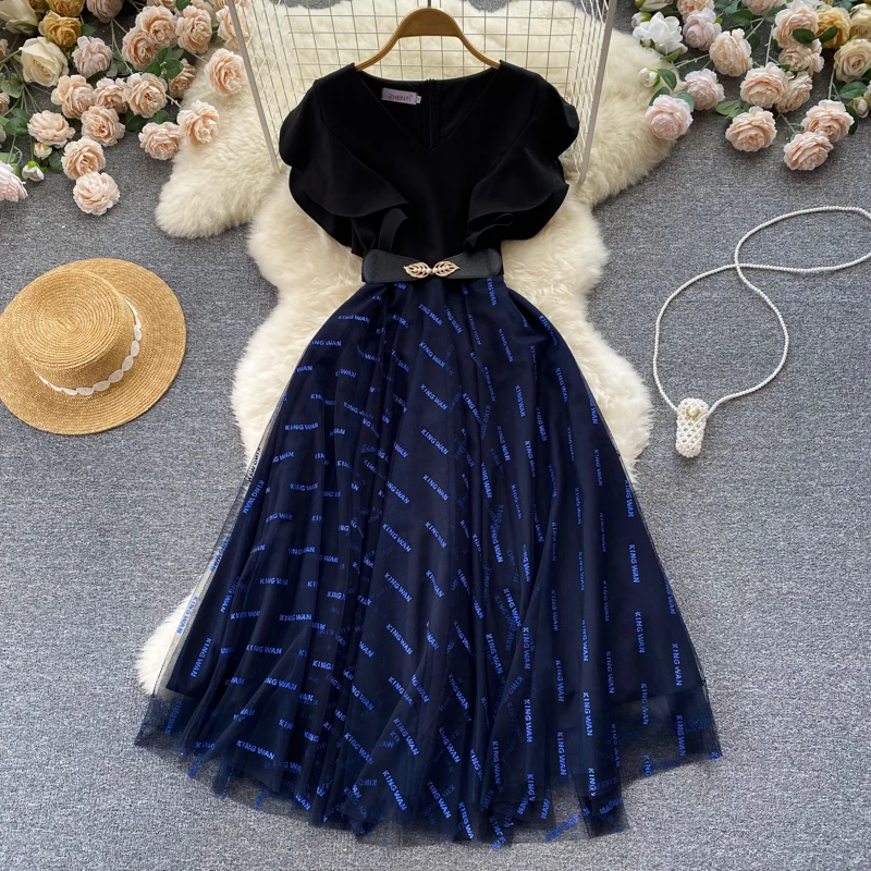

New France Summer Ruffles Sleeve Dress Elegant Women V Neck Black Patchwork Mesh Letters Print Office Midi Vestidos With Belt