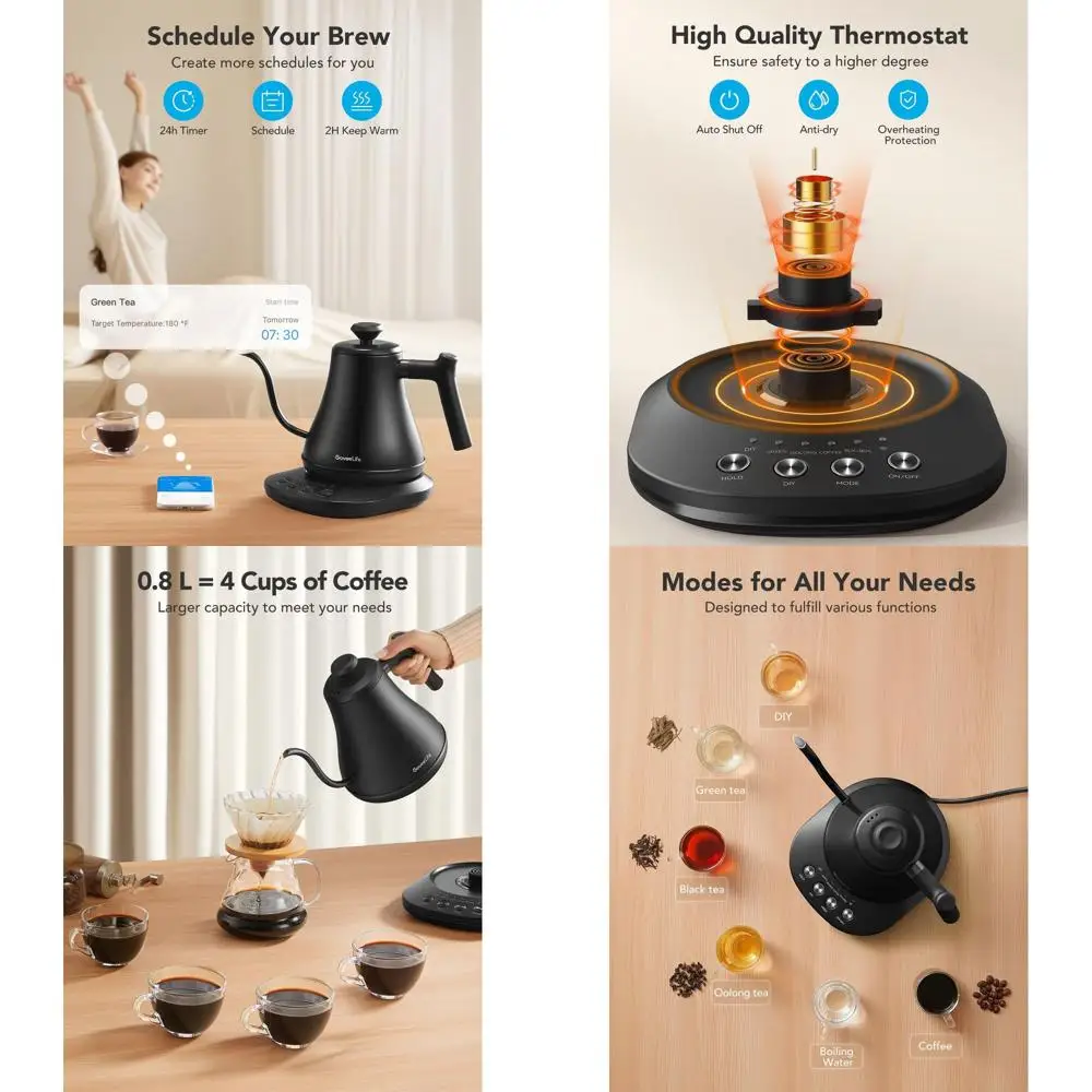 

WiFi Gooseneck Electric Kettle, 0.8L, 5-Mode, 3-Minute Heating, 2-Hour Warm, Auto-Off, Stainless Steel, Matte Black