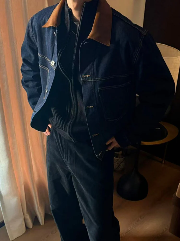 

Мужская джинсовая куртка в стиле ретро с воротником-стойкой, темно-синяя, универсальная верхняя одежда для осени и зимы, новинка, приталенный крой, на молнии