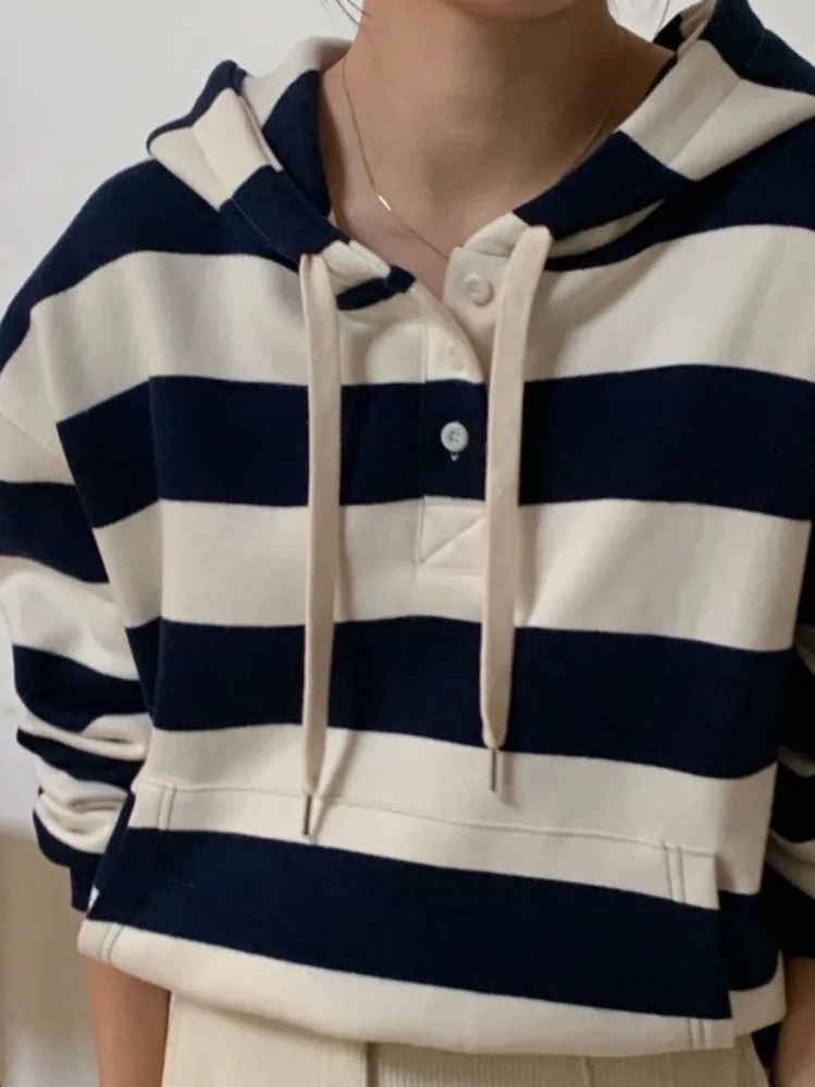 Damska bluza z kapturem w retro paski, hit sezonu, luksusowa, swobodna, modna bluza, szykowna, bez marki...