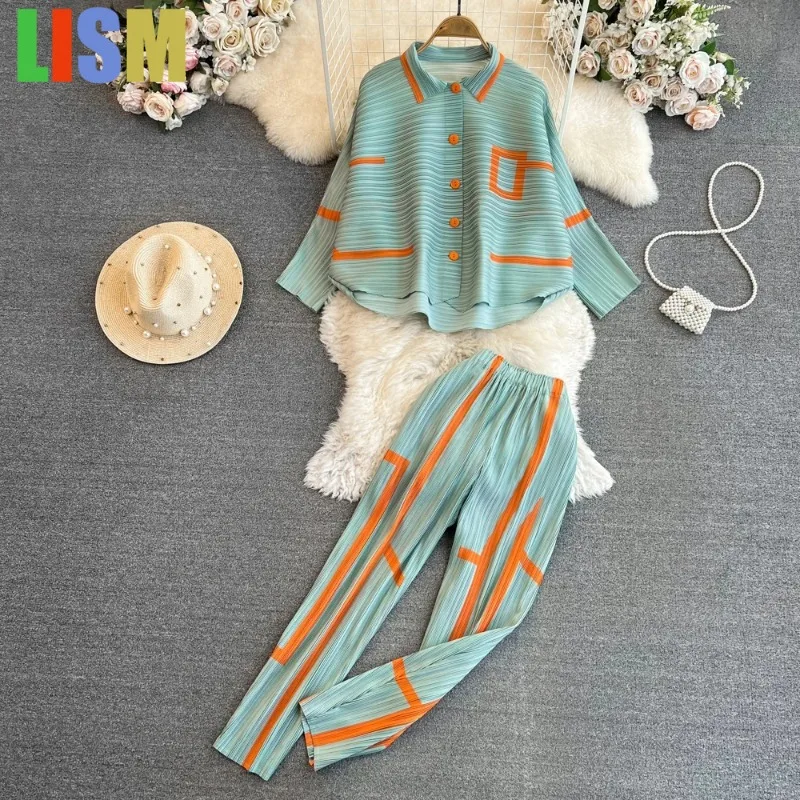 

LISM Vintage Pleated Pants Sets winter woman outfit Two-Piece Set Loose Print Shirts+High Waist Pencil Pant 2025 Outfit Suit