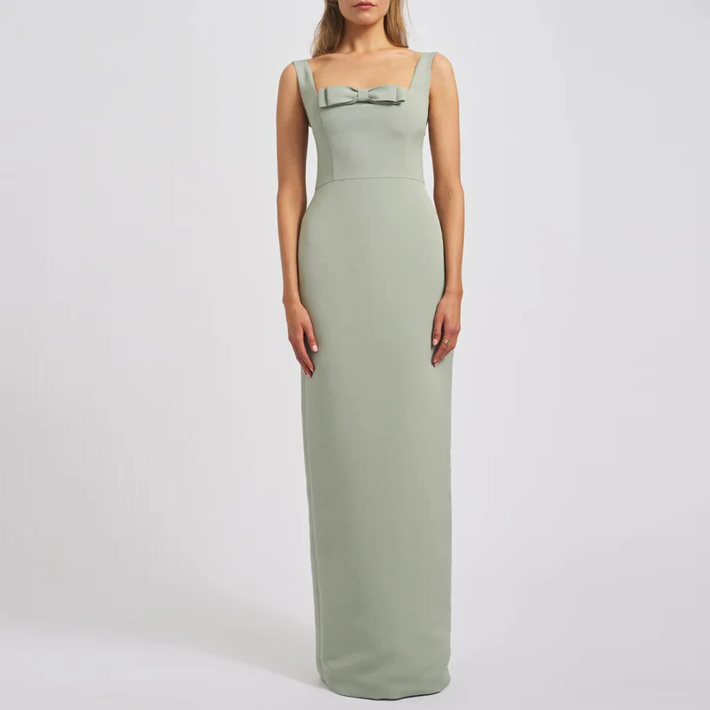 

Customized Squre Neck Straight Bridesmaid Dress Mini Green Maxi Length Maid of Honor Dresses with Bow Tie
