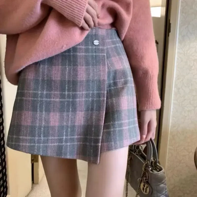 Kimotimo Christmas Red Plaid Woolen Skirt Women High Waist Irregular A Line Mini Skirts Autumn Winter Vintage Sweet Y2k Faldas