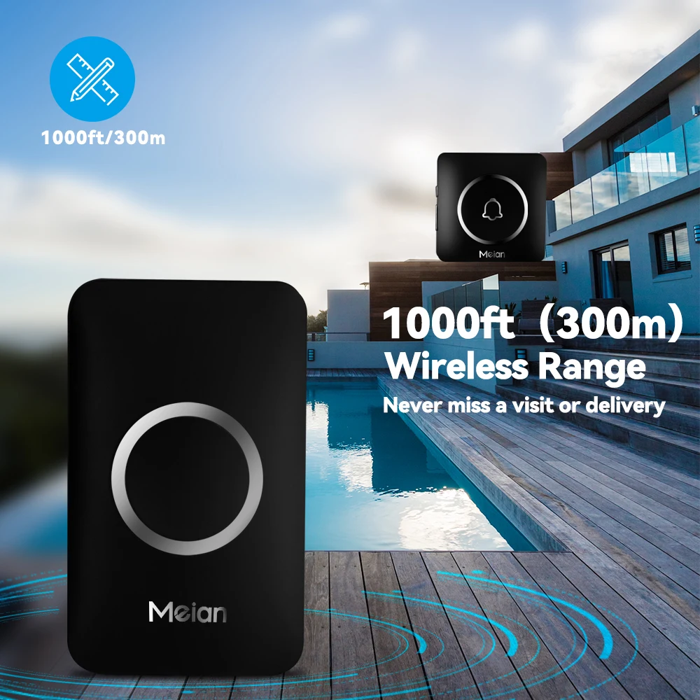 Meian-Wireless Door Bell, bem-vindo Chime, 300m Long Range, Flash LED remoto, Alarme de Segurança, à prova d'água, 60 Músicas