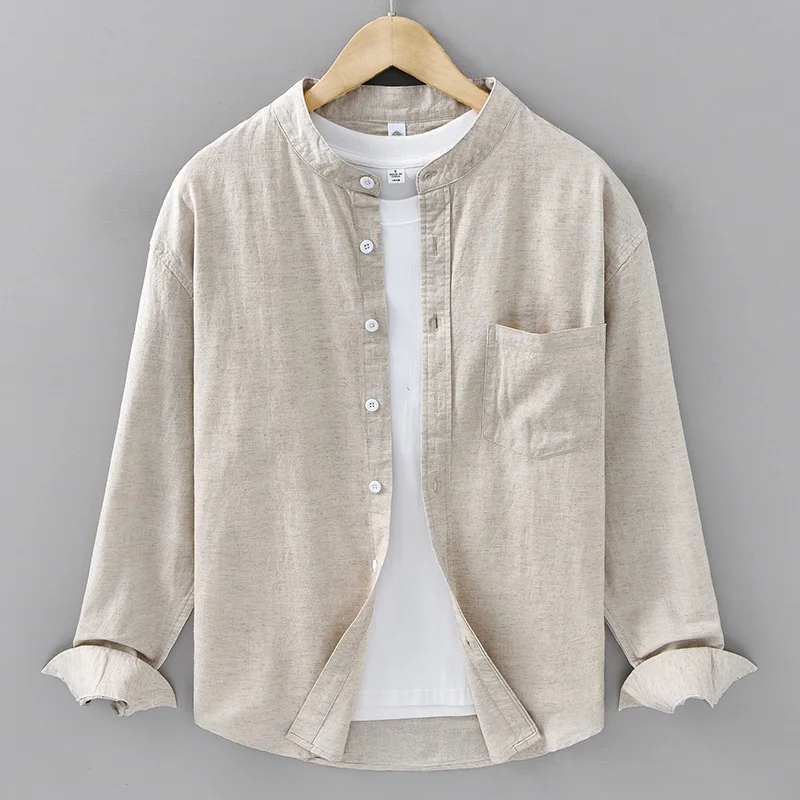 Cotton Linen Shirt  Japanese Style Mandarin Collar Long Sleeve Casual Loose Fit Button-Up Shirt Men's Retro Camping Fishing