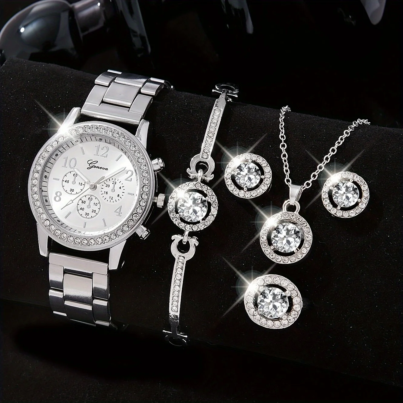 

6pcs/set Women's Watch Luxury Rhinestone Quartz Watch Shiny Fashion Analog Wrist Watch & Jewelry Set, Gift For Mom Her