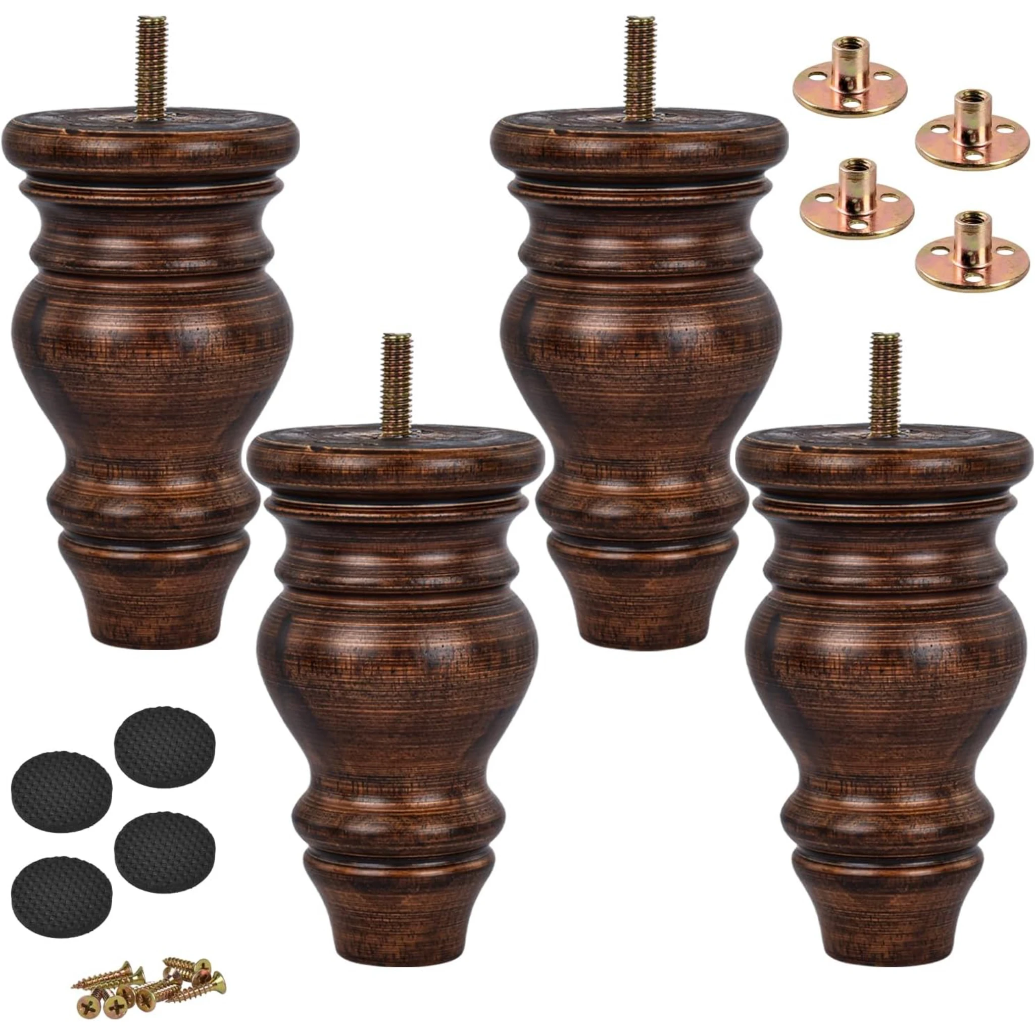 5インチ-12cm木製家具脚、4個パック、グレージング加工された無垢材旋盤加工diy交換用バンフィート、m8ハンガーボルトとtナットまたはs付き