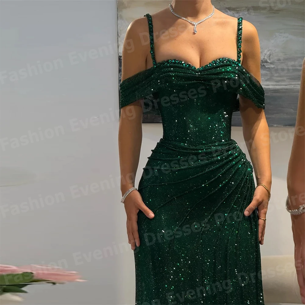 Luxuriöse Funkelnde Frauen Meerjungfrau Abendkleider Off Schulter Prom Kleider Angepasst Schlitz Ärmellose Vestido De Gala Noche Mujer