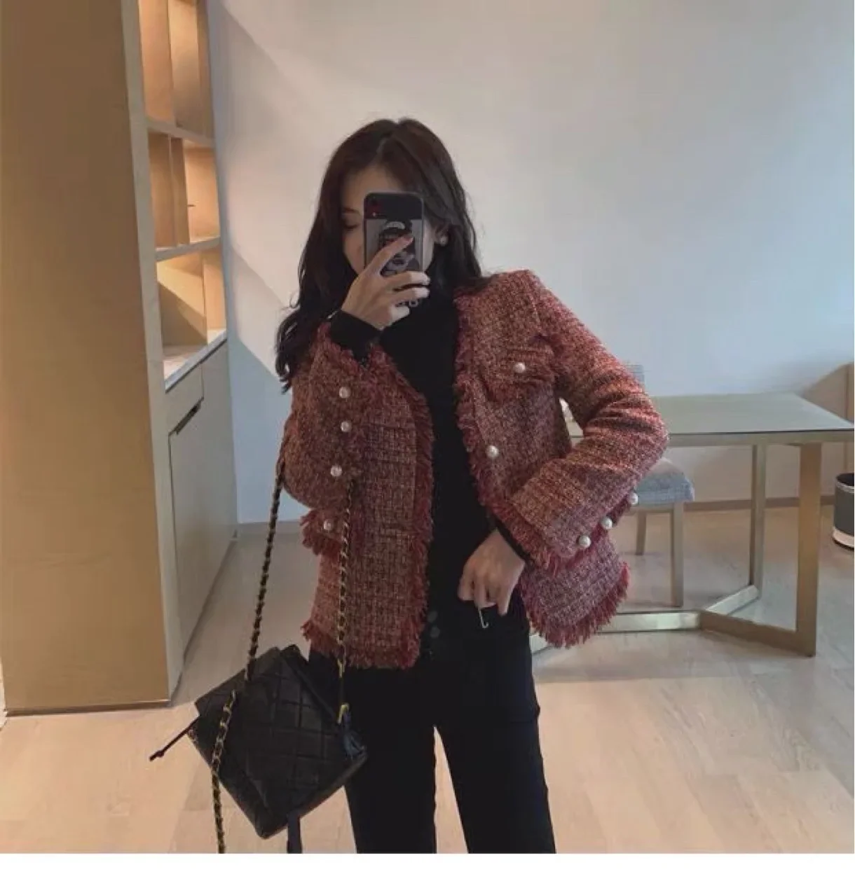 

French tweed short celebrity small fragrant red coat autumn and winter versatile 2021 new female retro Hong Kong style