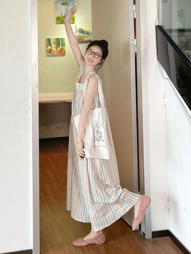 Summer Nightgowns Women Straight Flying Sleeve Colorful Striped Sweet Ankle Length Daily Classic Hipster Prevalent Exquisite