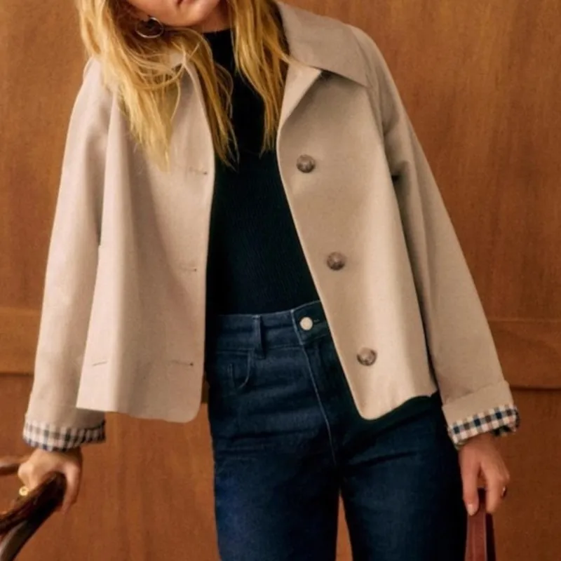 Women's Lapel Single-breasted Grid Lining Long Sleeve Jacket Spring Autumn Fashion Casual Daily Office Travel Loose Outerwear