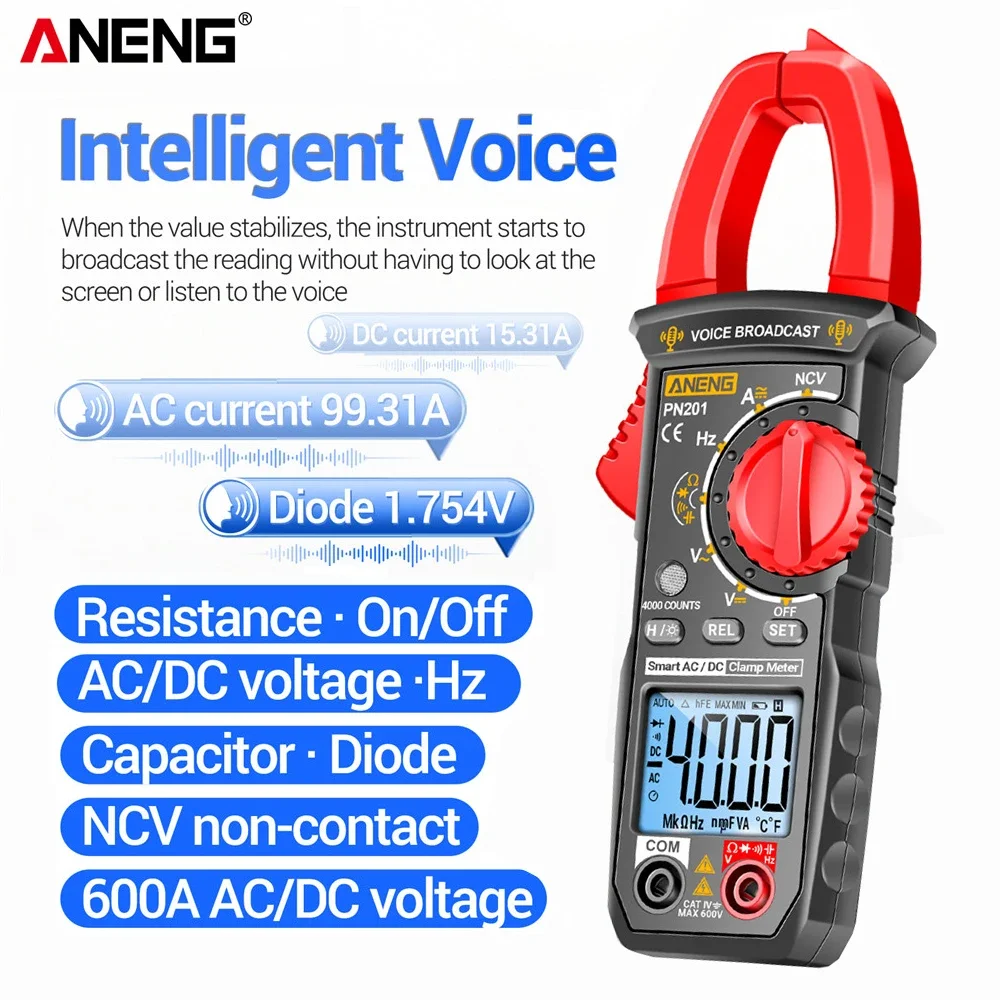 Imagem -02 - Intelligent Voice Broadcast Clamp Atual Amperímetro ac dc Volt Tester Multímetro de Alcance Automático 600a 4000 Contagem Aneng-pn201