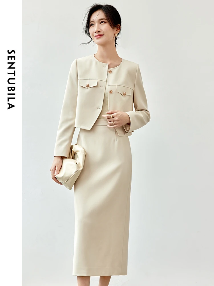 

SENTUBILA Office Lady 2 Piece Set Women O Neck Metal Single Breasted Jacket Straight Slit-hem Long Skirt New Match Set 143Z56892