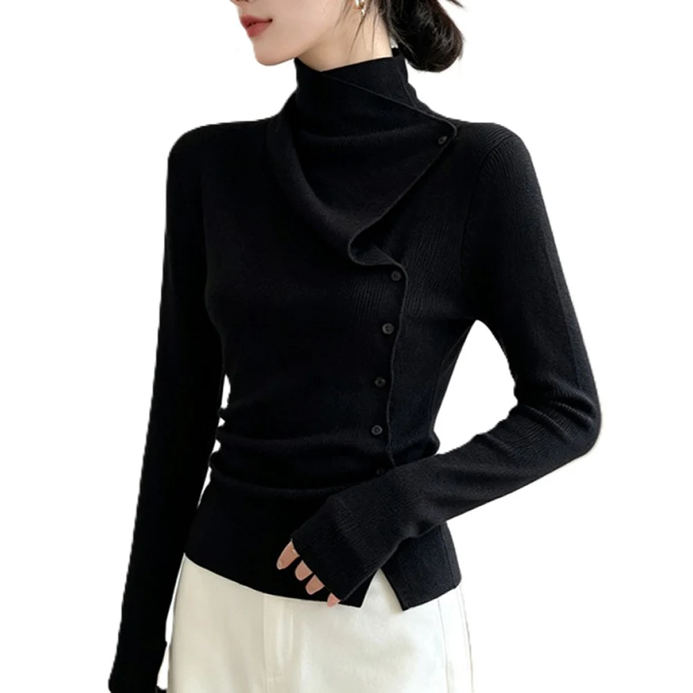Women Solid Color High Neck for Knit Long Sleeve For Top For Slim for Fit Polyester Regular Length for Vacation Beach Cycling