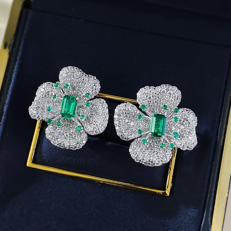 KQDANCE Luxury 925 Sterling Silver With Emerald Green High Carbon Diamond Gemstone Flower Clip Earrings Women Fine Jewelry