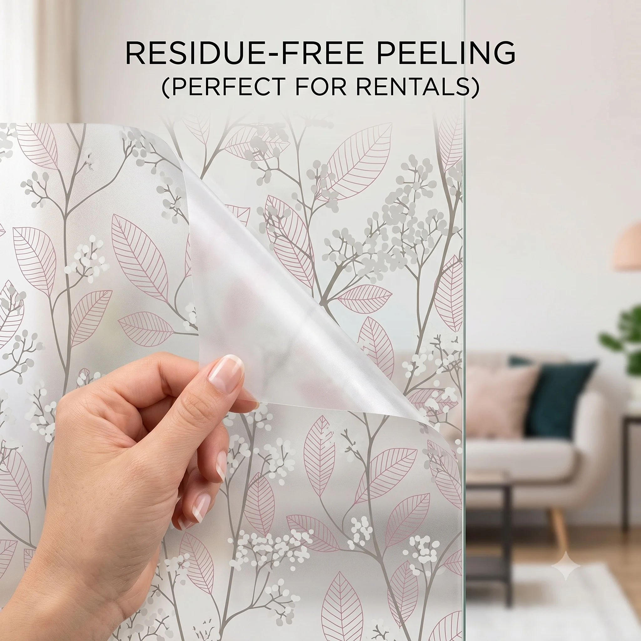 Pink Grey Floral Leaf Self-Adhesive Window Film - Residue-Free Removable Privacy Glass Sticker Waterproof Steam-Resistant for Ho