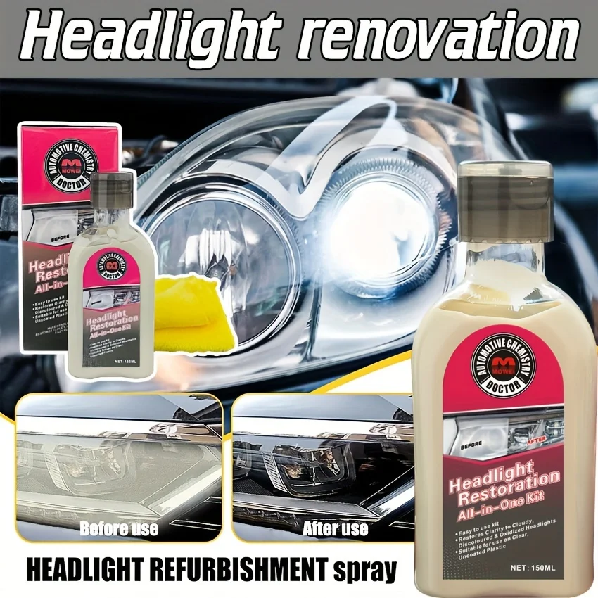 Car Headlight Restoration Solution - Removes Yellowing, Scratches & Fog, Enhances Brightness with Crystal Coating。Renovation