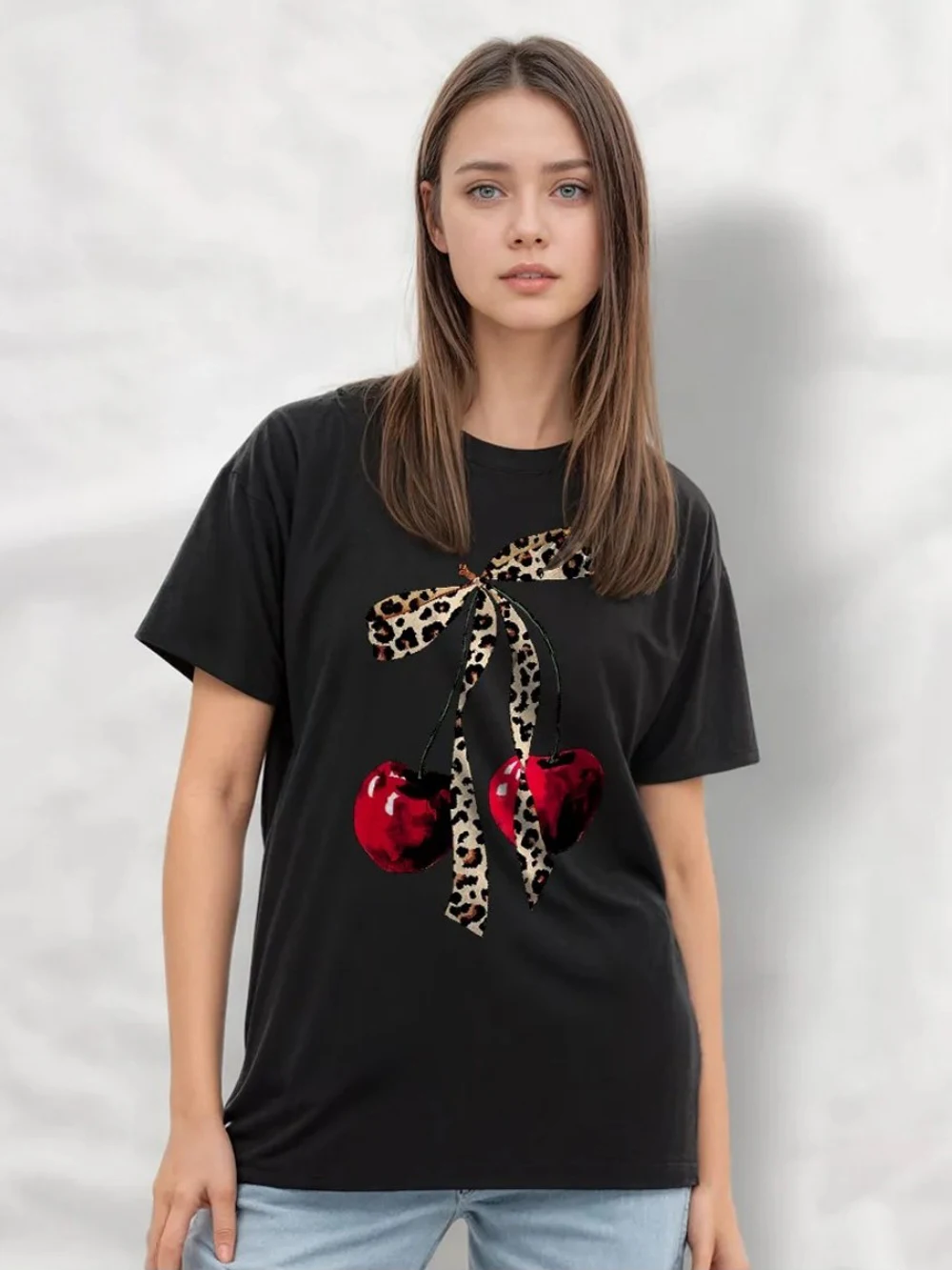 Camisetas con lazo de leopardo cereza roja para mujer, camisetas de algodón holgadas con cuello redondo, ropa de calle cómoda y suave, ropa informal para mujer