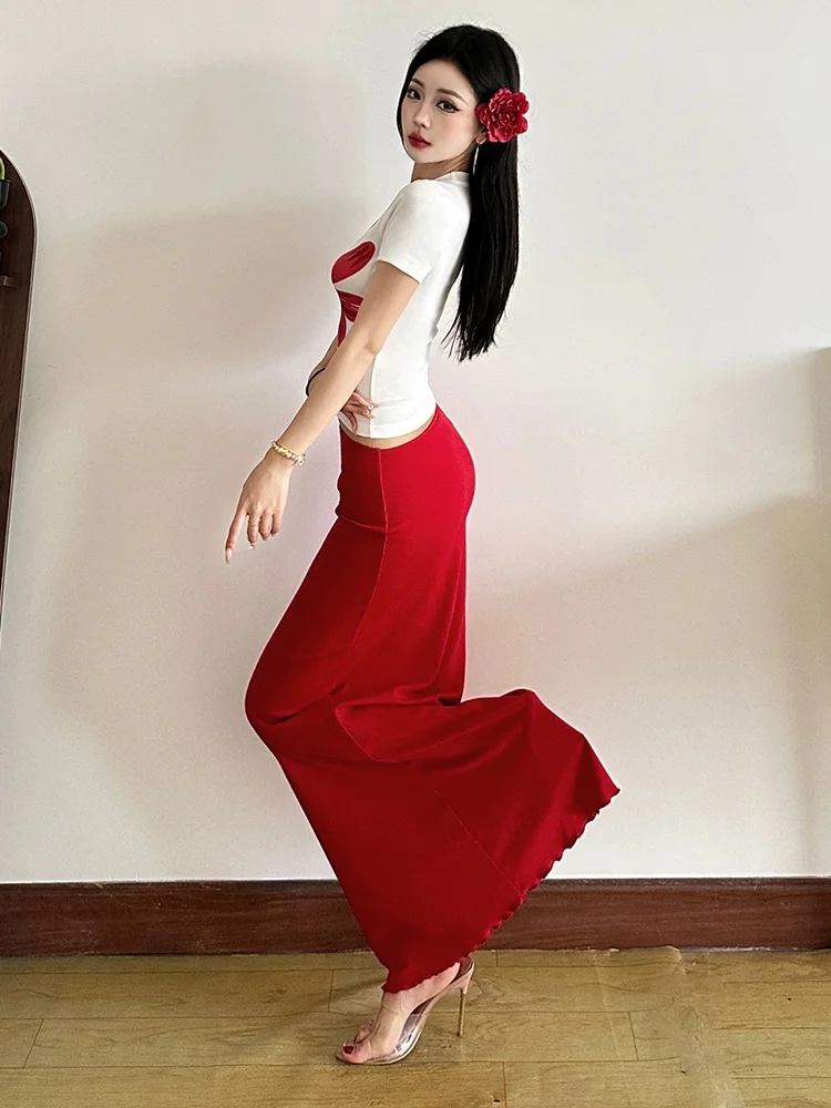 Tropical Style Women's Fashion Red Flower Printed White T-shirt and Bodycon Midi Skirt Suits Slim  Matching Two Pieces Sets