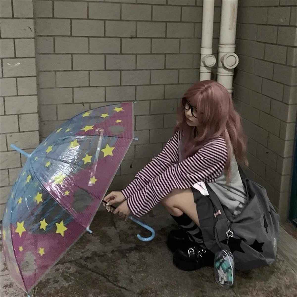 グレーピンクストライプパンダプリント長袖シャツ Y2k 漫画日本原宿かわいいルーズパーカー女性春の新しい Tシャツ