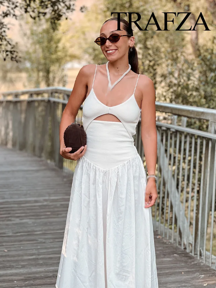 

TRAFZA Woman Summer Elegant Sleeveless Backless Pleated Opening Design Midi Dress Women Solid Party V-Neck Sling Dresses 2025