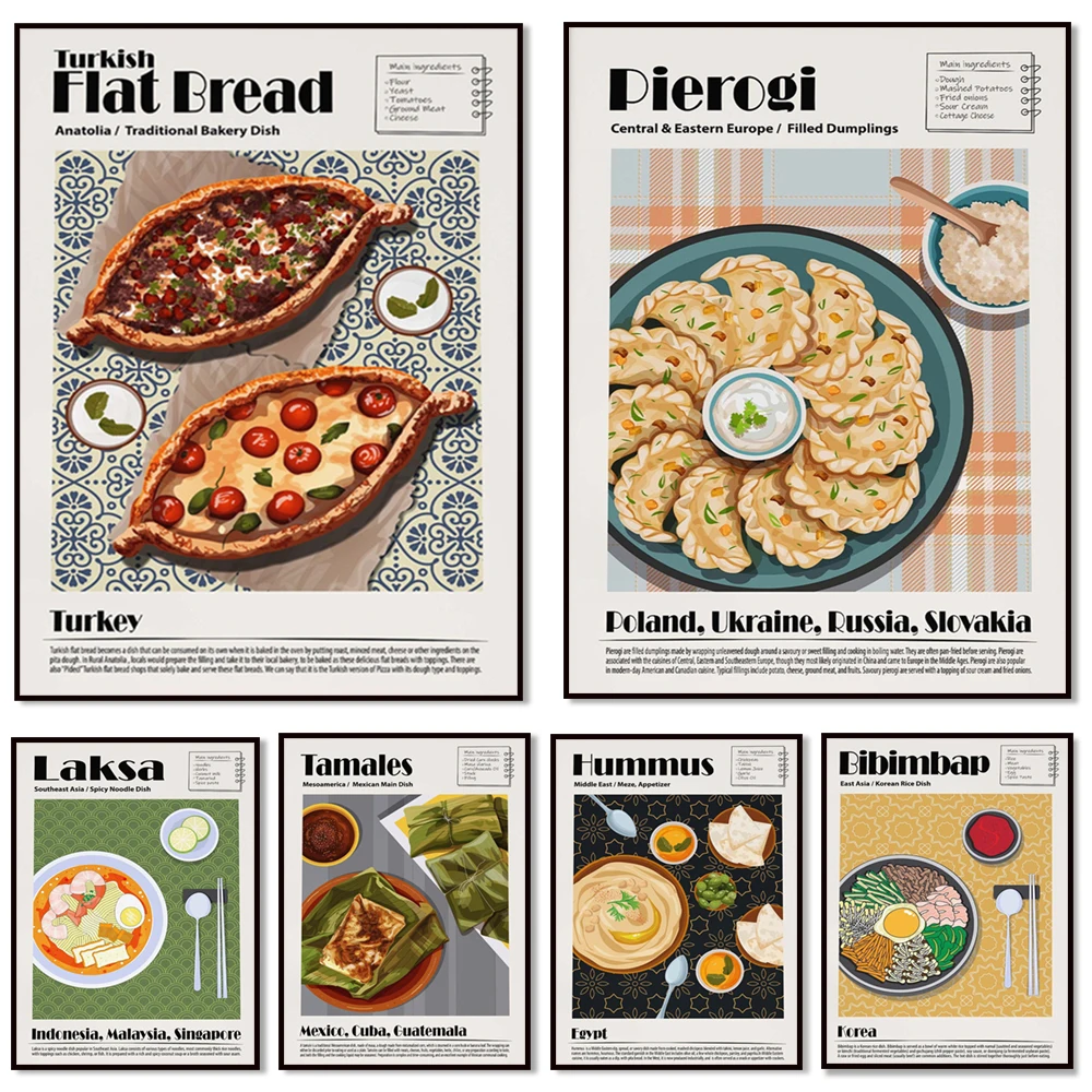 Pan plano, Kebab, Laksa picante, aperitivo de Hummus, sopa de pollo con ginseng, Kimchi, Pierogi, Ramen, Bibimbap, cartel de comida de cocina