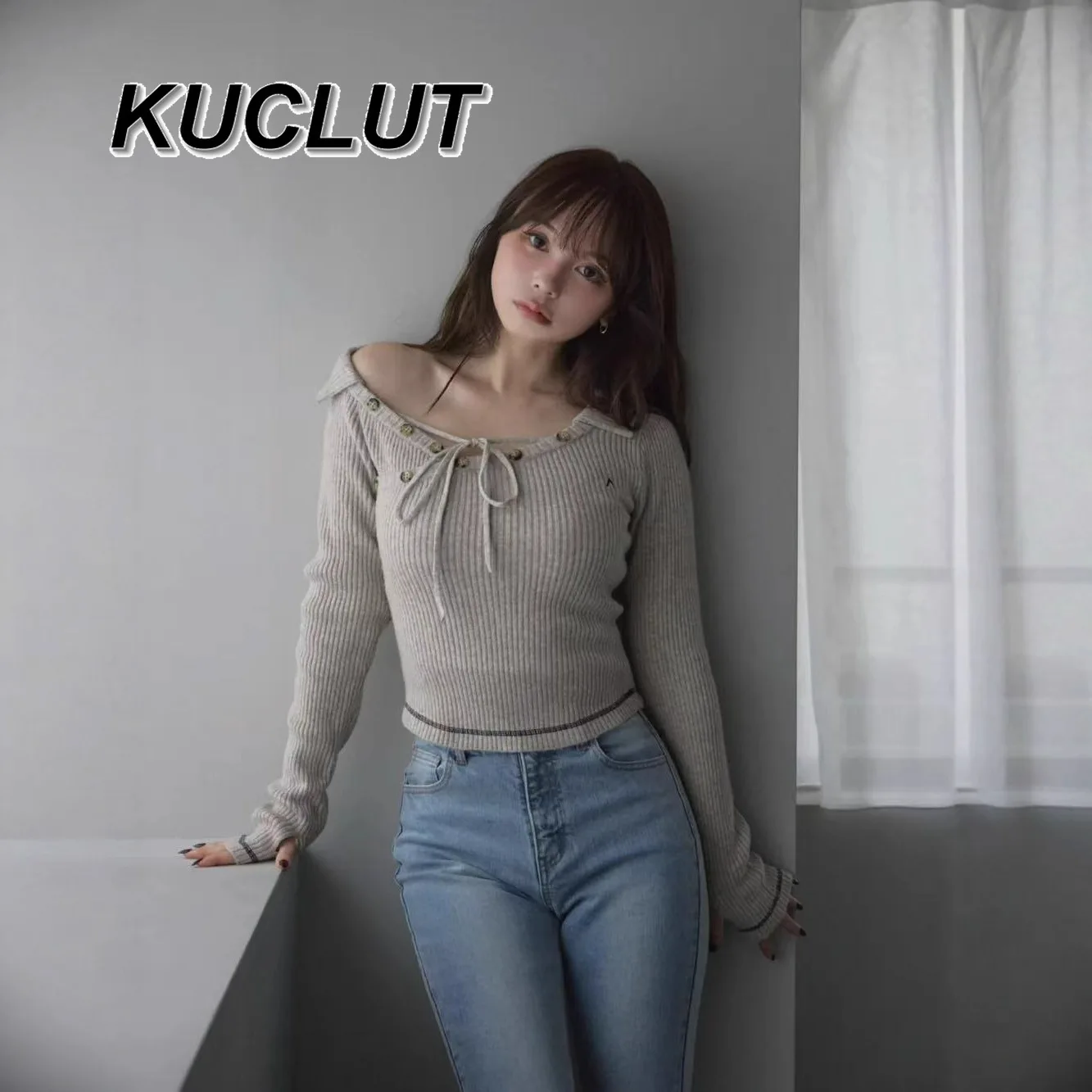 

Long-Sleeve Top Japanese Style Off-Shoulder Knitted Sweater for Women Autumn and Winter Lace-Up Metal Buckle Slim Knit Shirt